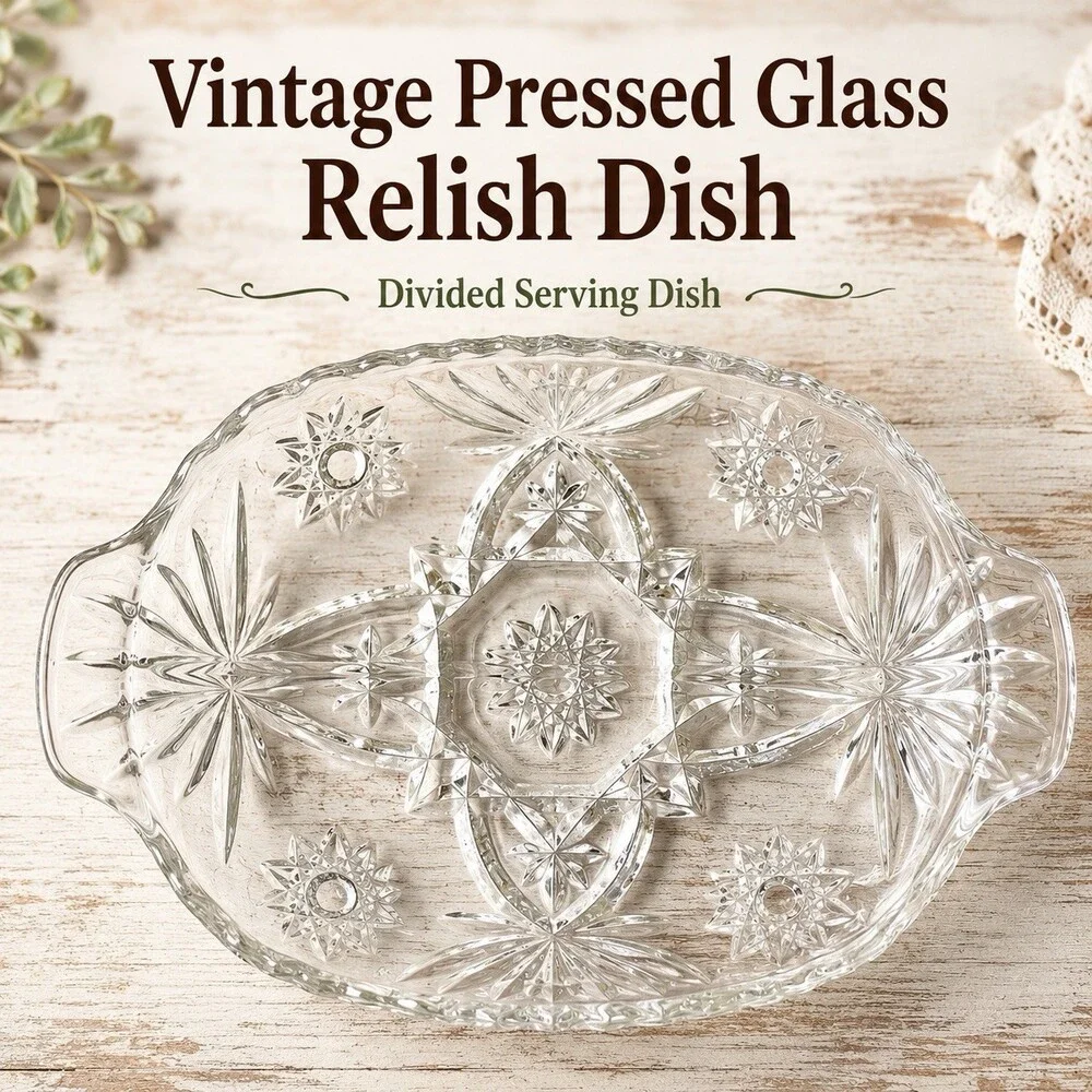 Vintage Clear Pressed Glass Divided Relish Dish Starburst Oval Serving Tray